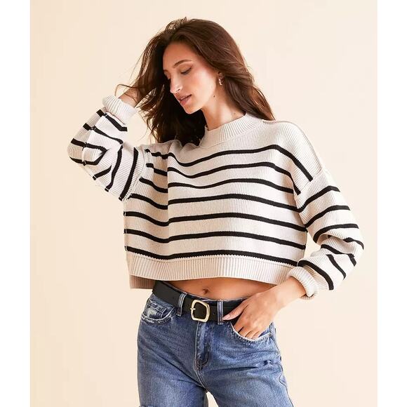 Free People Sweaters - FREE PEOPLE Stripe Easy Street Crop Sweater NWT Pearl Combo Pullover Women's M